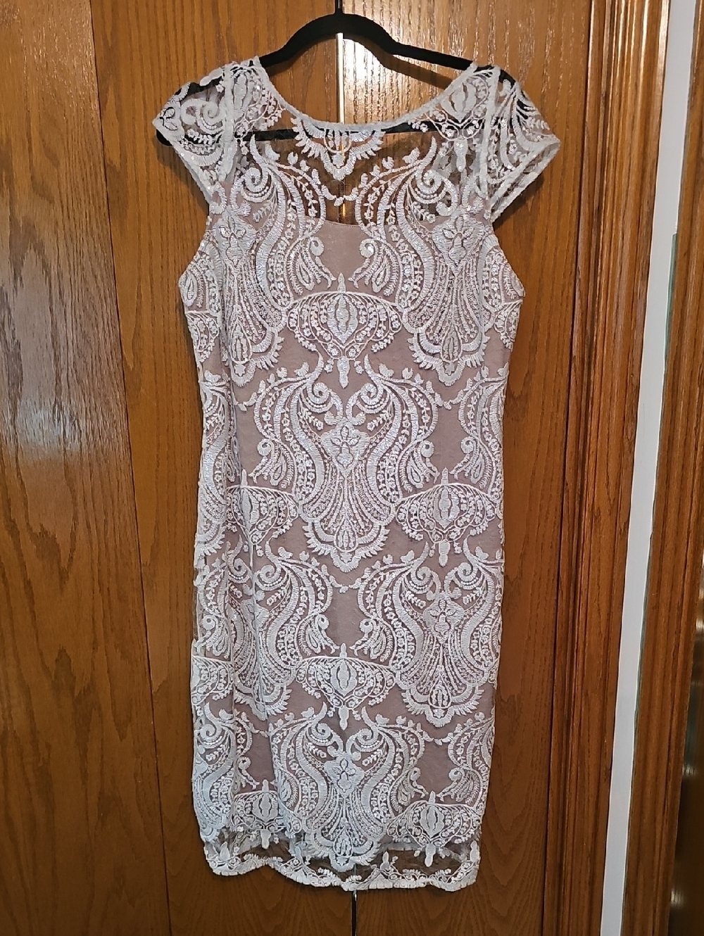 R&M Richards White Lace Midi Dress with Nude Underlay